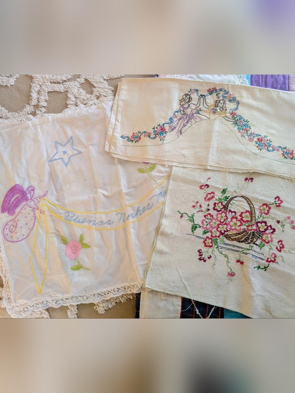 Vintage linens bundle, angel pillowcase, Victorian ladies dresser scarf & more